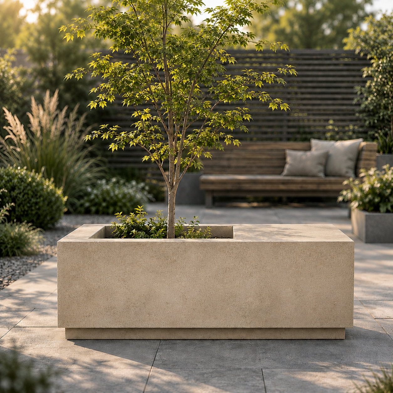 Beige rectangular planter with a small tree in an outdoor setting with a wooden bench and garden.