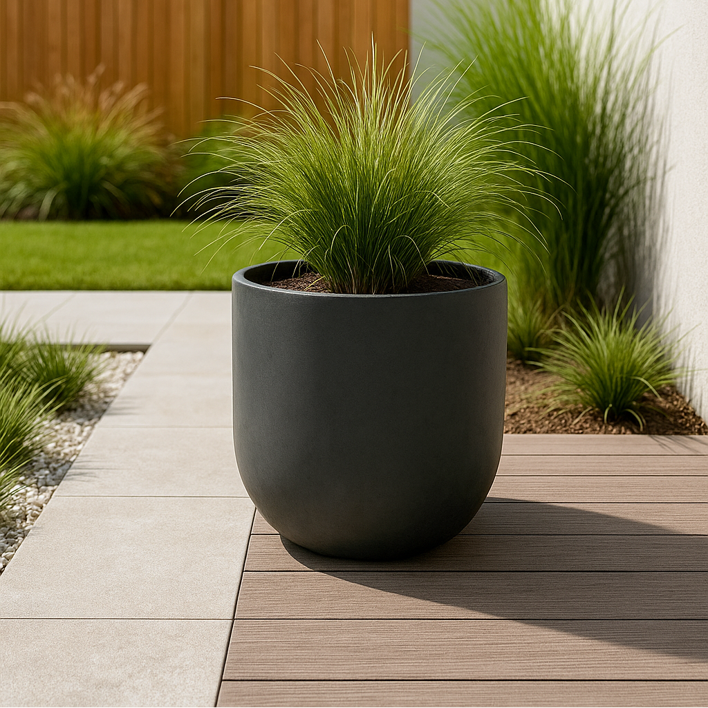 Gray planter with grass-like plants on a wooden deck against a wooden fence and greenery.