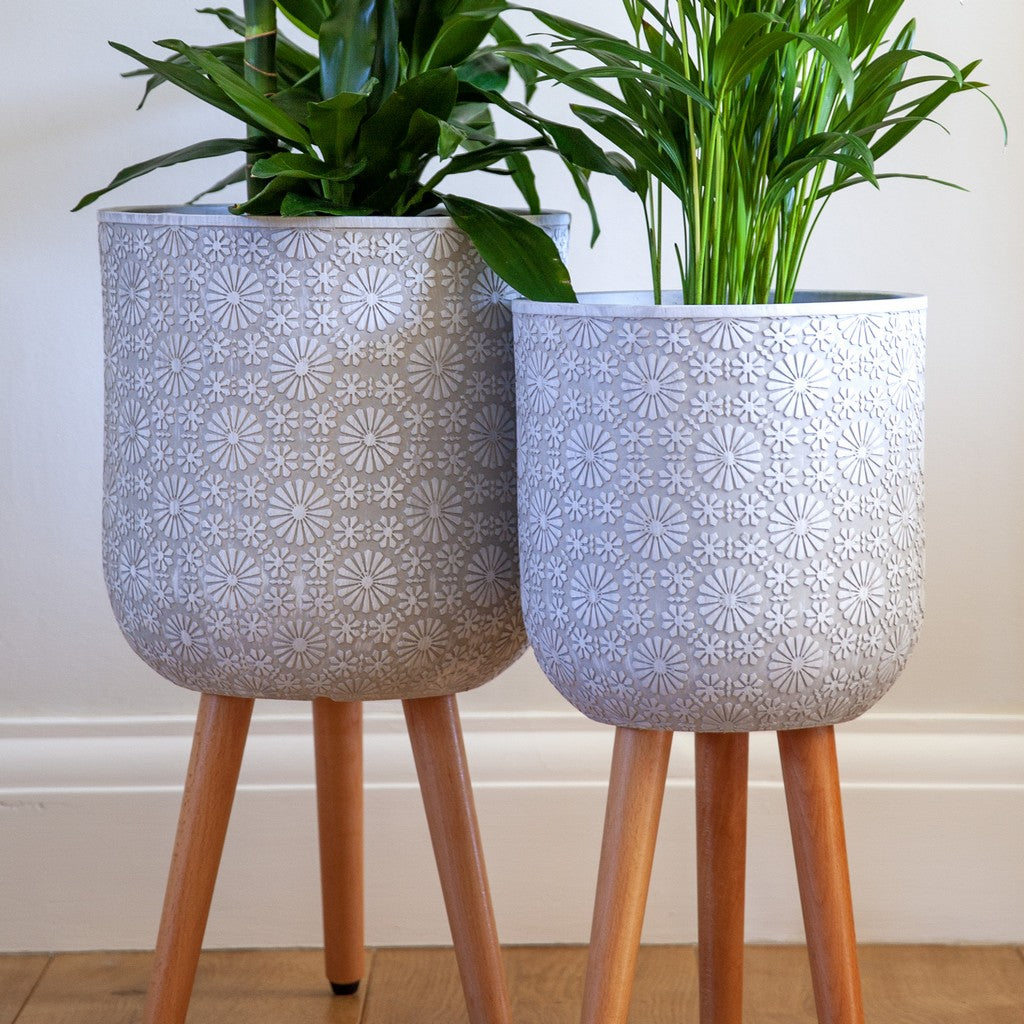 Patterned Flower Indoor Planter on Legs - White