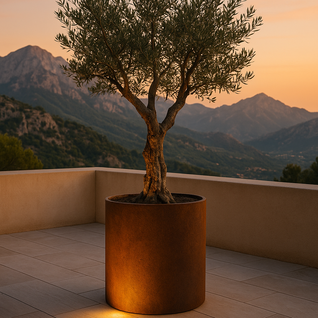 Potted olive tree on a terrace with mountains in the background during sunset.