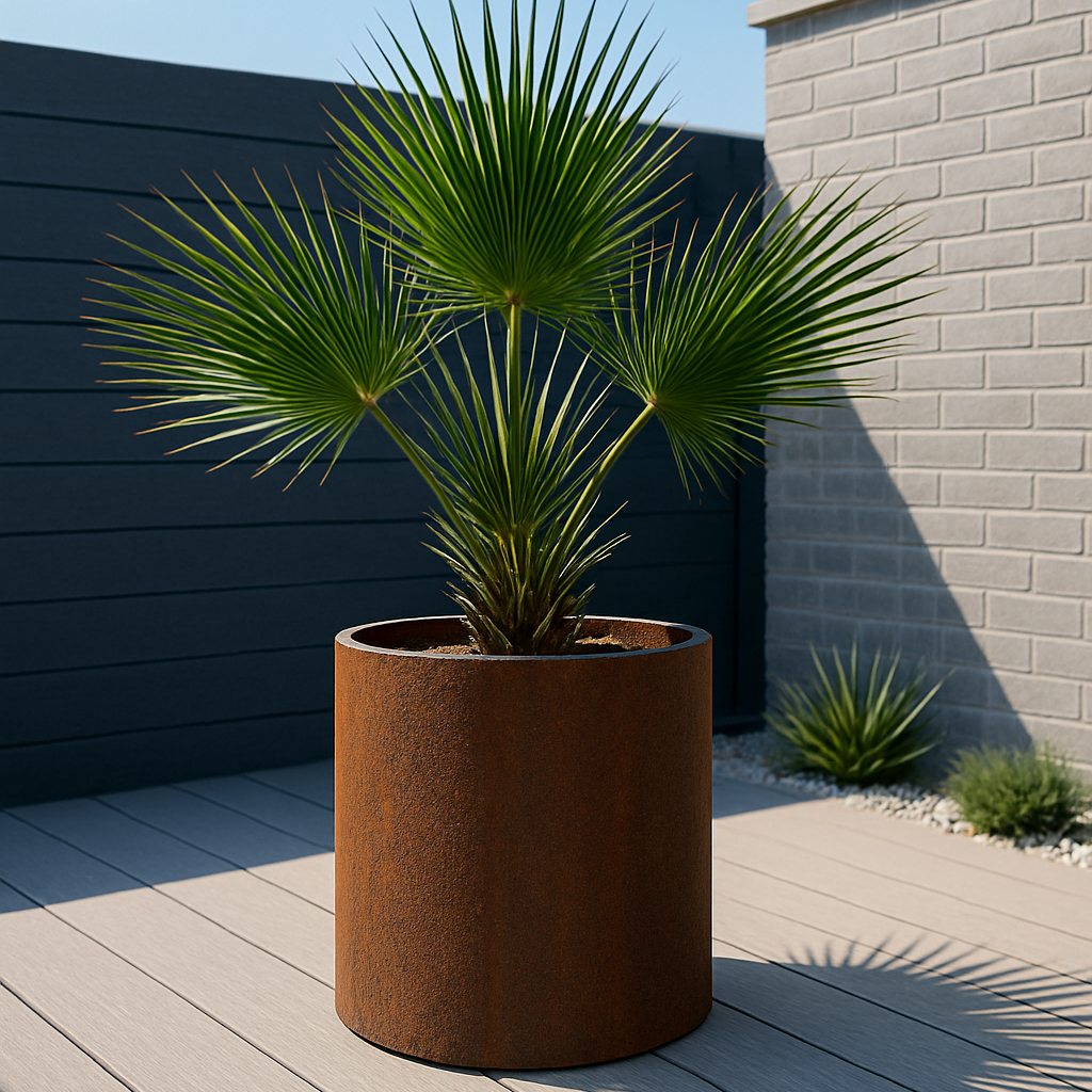 Potted palm plant on a wooden deck with a gray wall and blue sky in the background