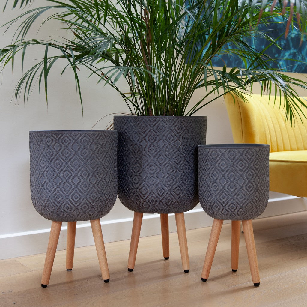 Patterned Diamond Indoor Planter on Legs - Dark Grey