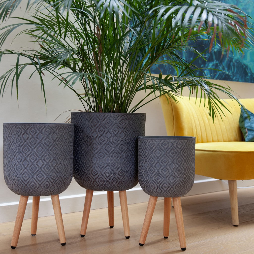 Patterned Diamond Indoor Planter on Legs - Dark Grey