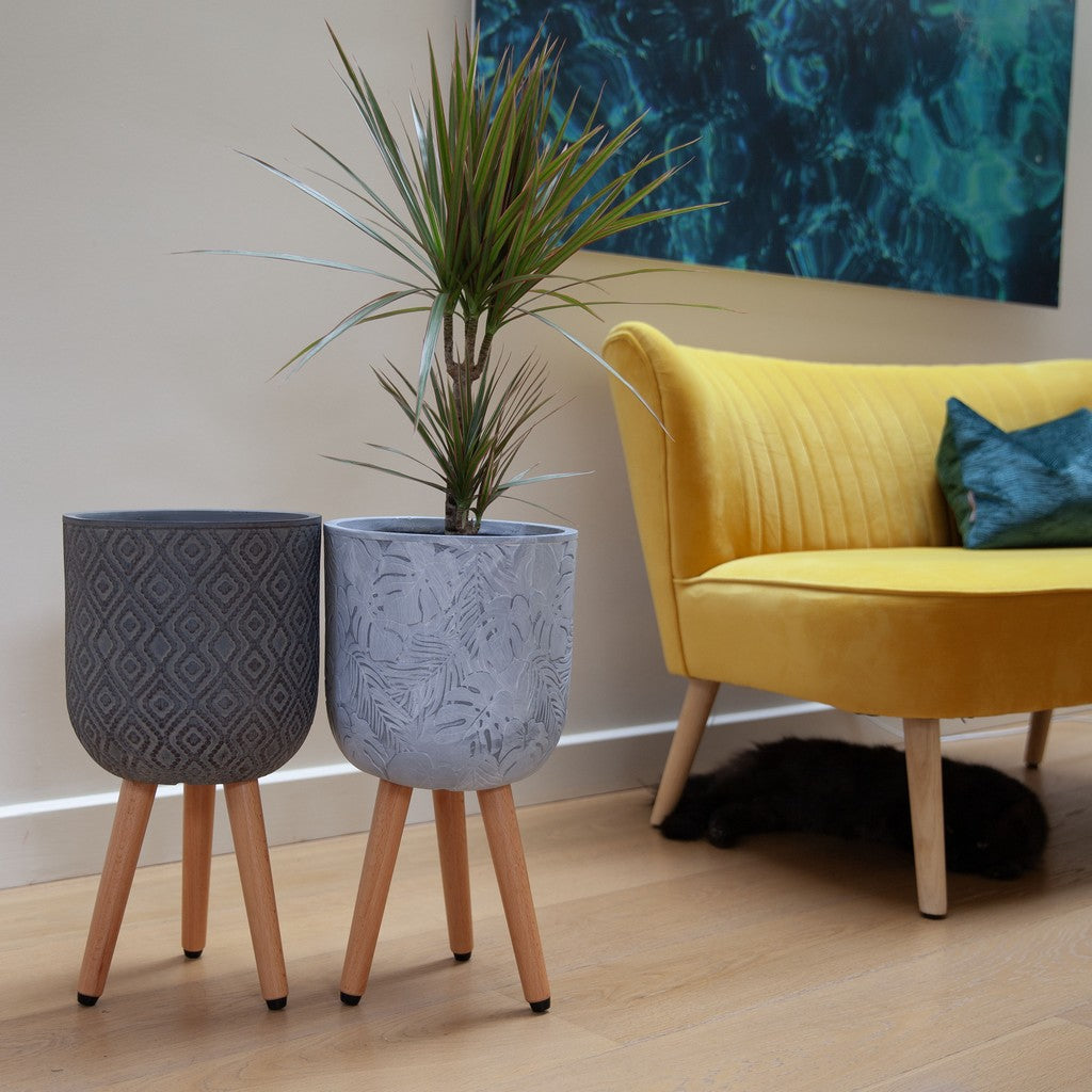 Patterned Diamond Indoor Planter on Legs - Dark Grey