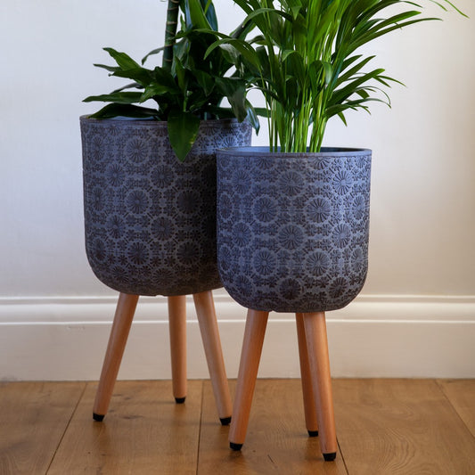 Patterned Flower Indoor Planter on Legs - Dark Grey