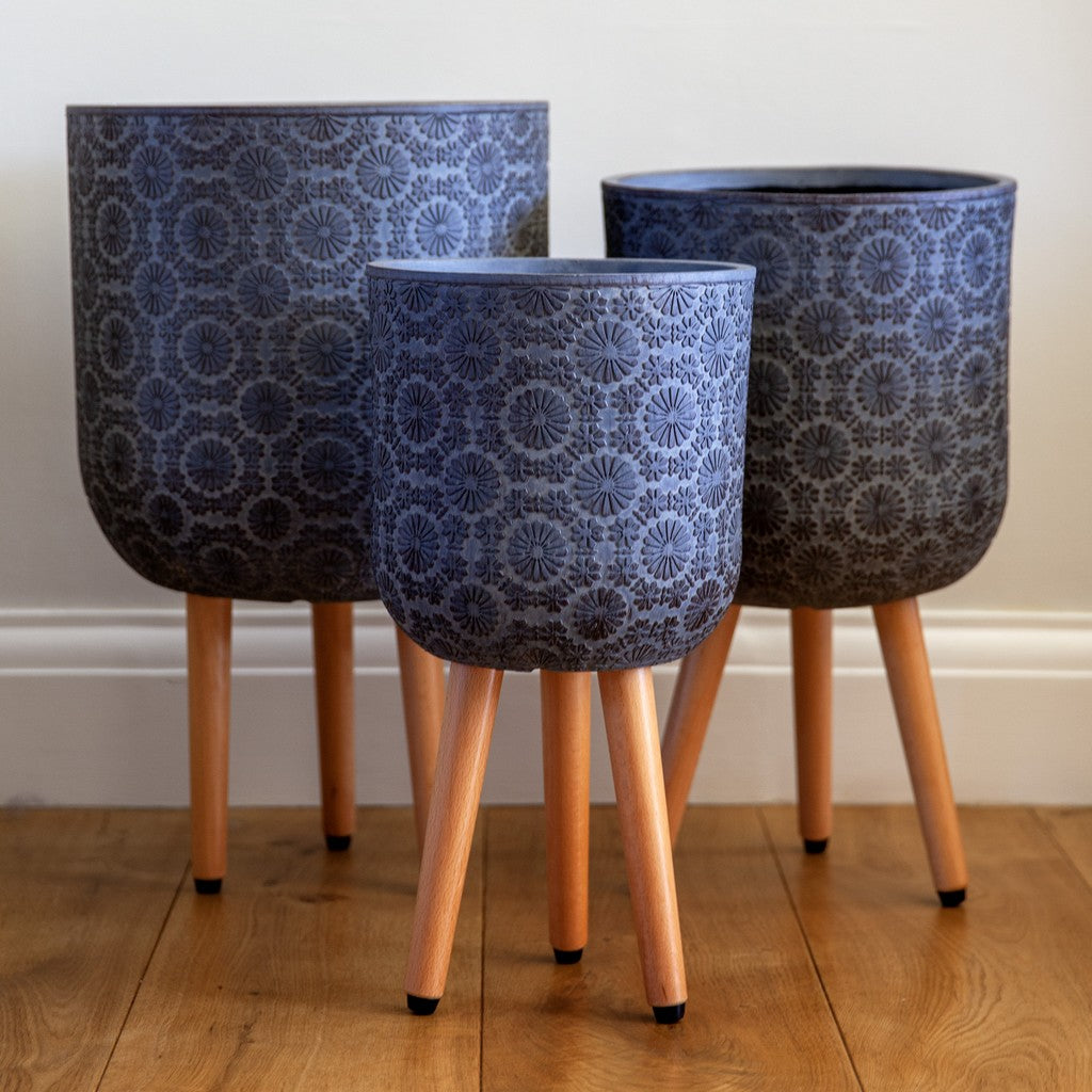 Patterned Flower Indoor Planter on Legs - Dark Grey