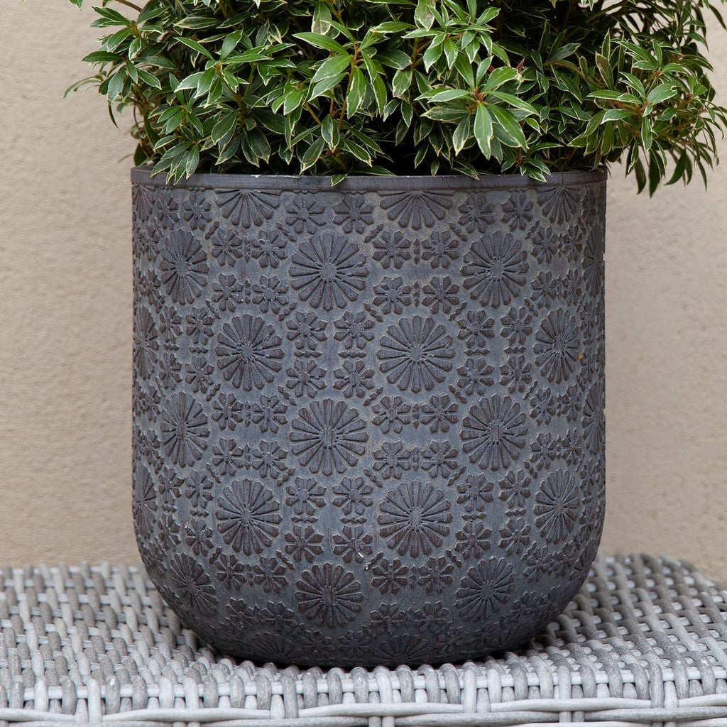 Patterned Flower Planter - Dark Grey - Stonelite / Fibreclay