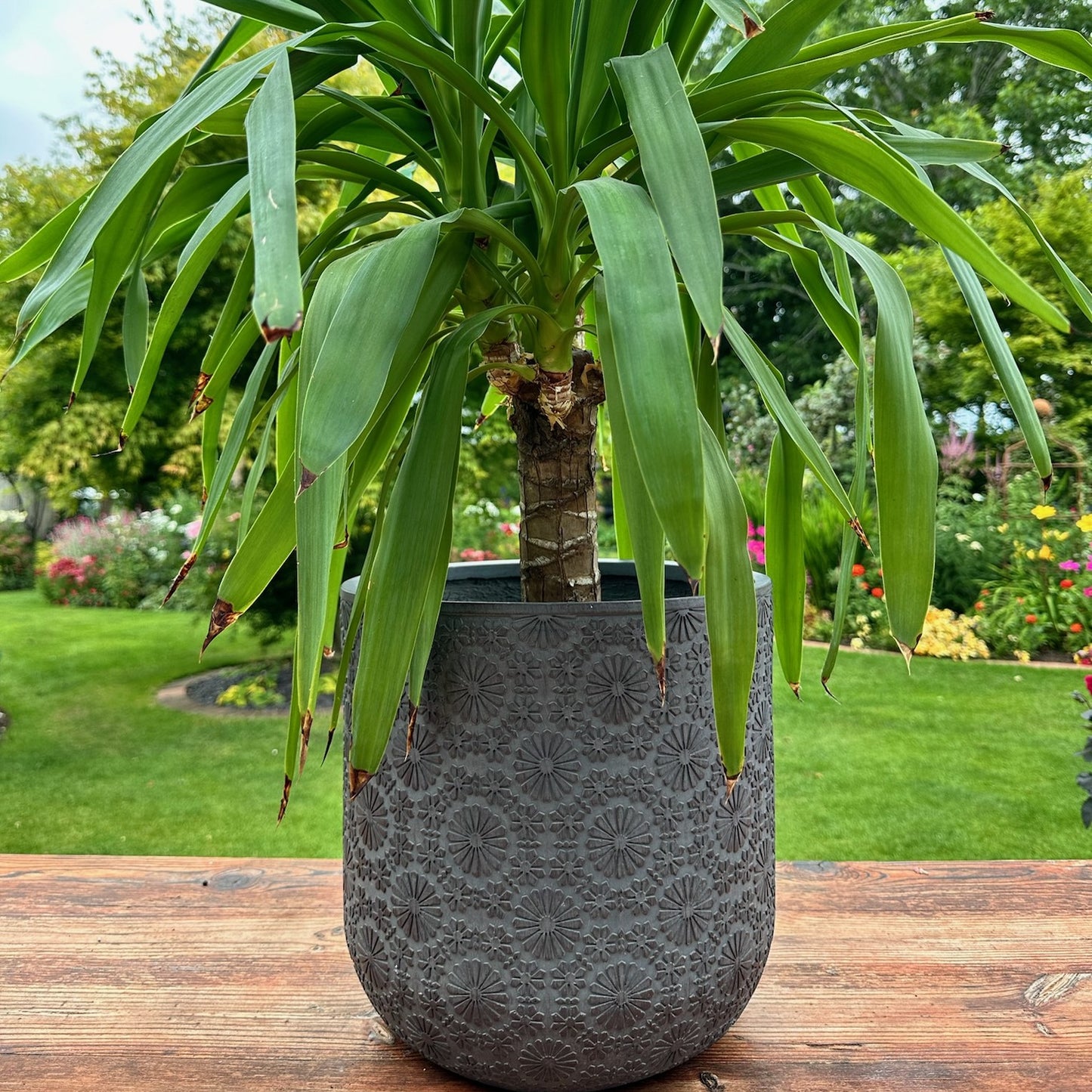 Patterned Flower Planter - Dark Grey - Stonelite / Fibreclay