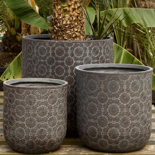 Patterned Flower Planter - Dark Grey - Stonelite / Fibreclay