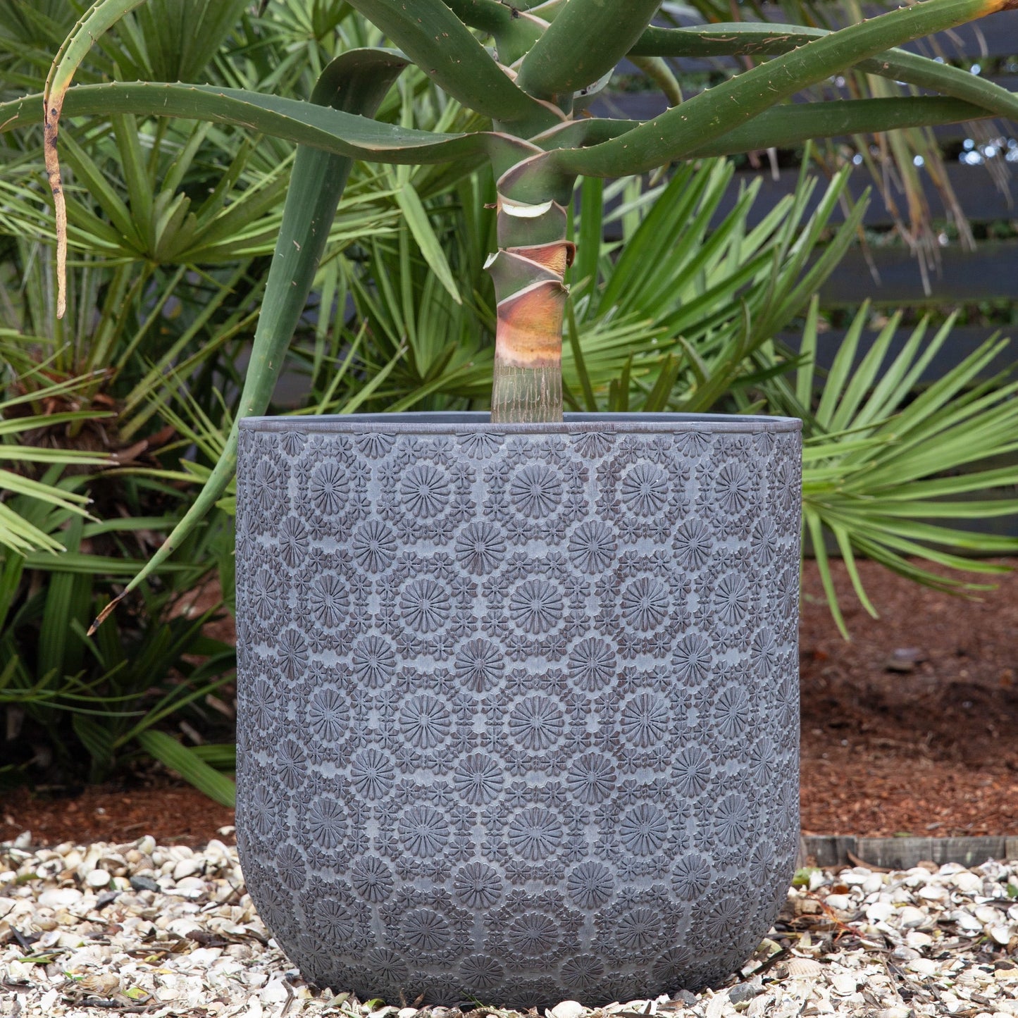 Patterned Flower Planter - Dark Grey - Stonelite / Fibreclay