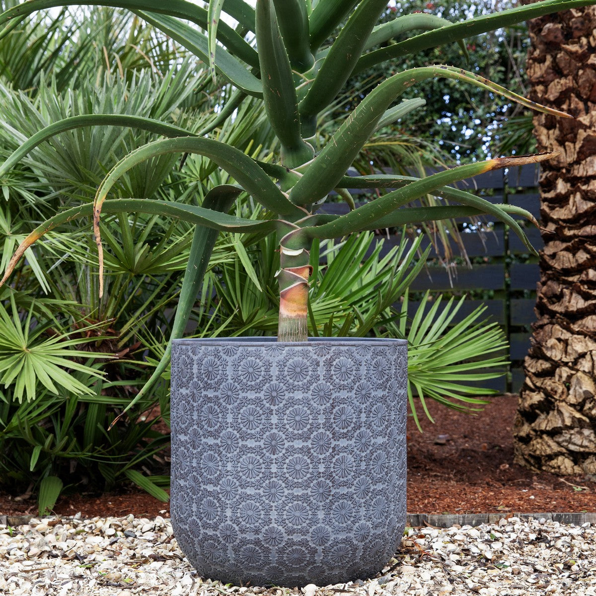 Patterned Flower Planter - Dark Grey - Stonelite / Fibreclay