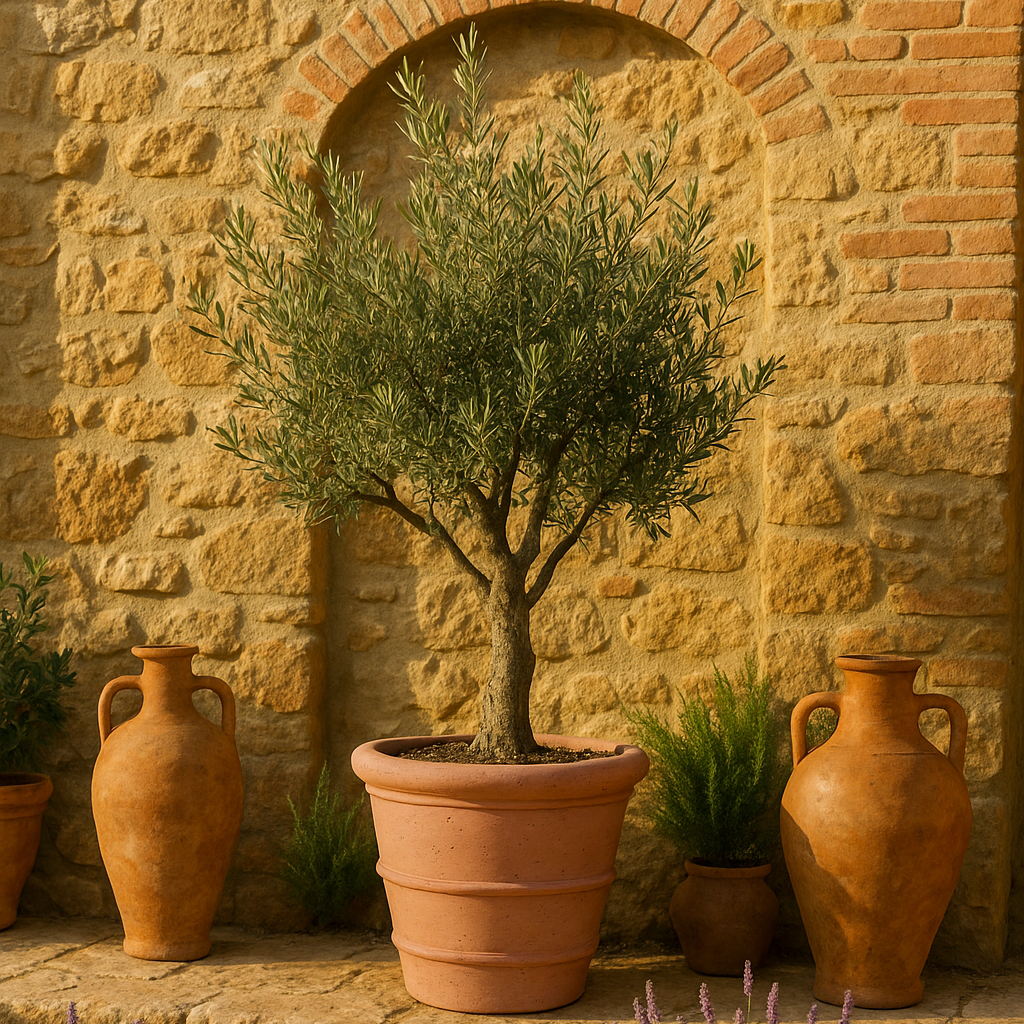 Potted olive tree with terracotta pots against a stone wall