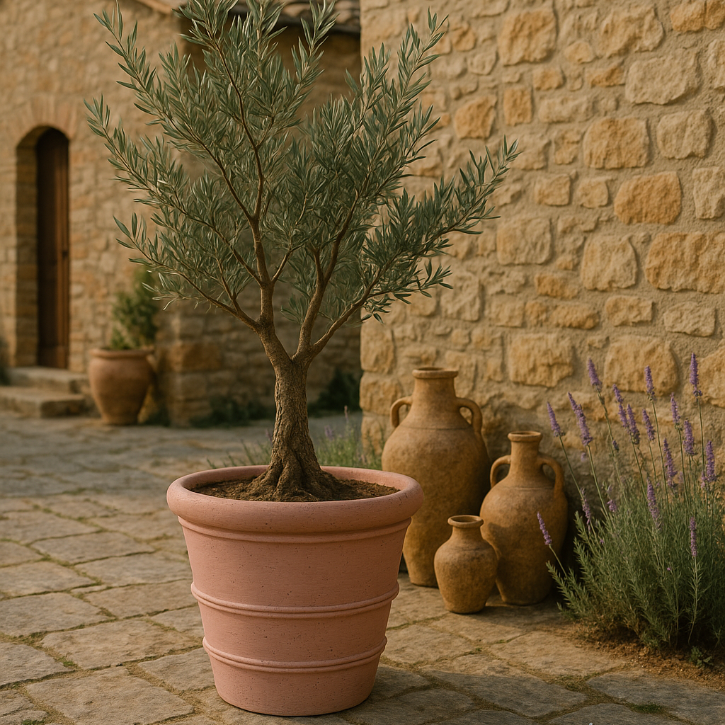 Potted olive tree in front of a stone building with terracotta pots.