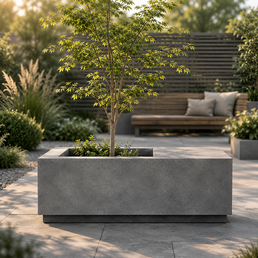 Concrete planter with a small tree in an outdoor setting with a bench and garden.