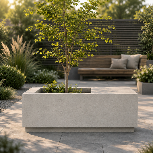 Modern outdoor setting with a large rectangular concrete planter, small tree, and wooden bench.