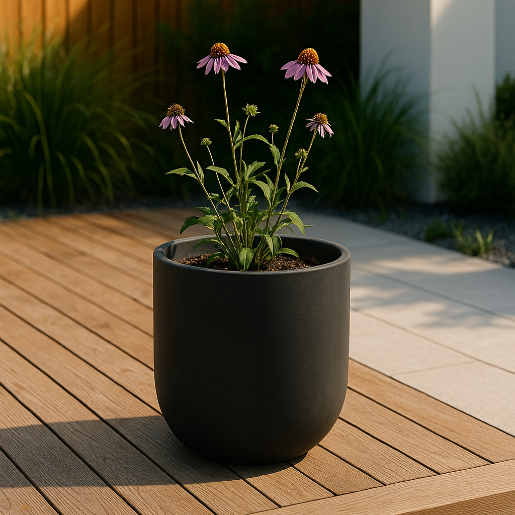 Black planter with flowers on a wooden deck