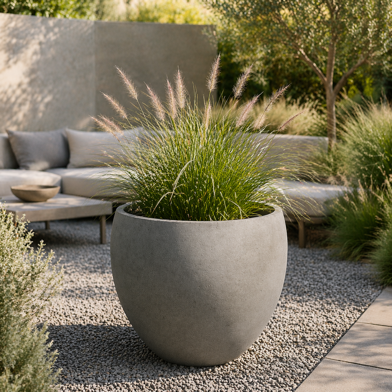 Gray planter with grasses on a patio with outdoor furniture in the background