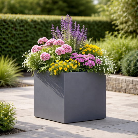 Square gray planter with colorful flowers on a patio