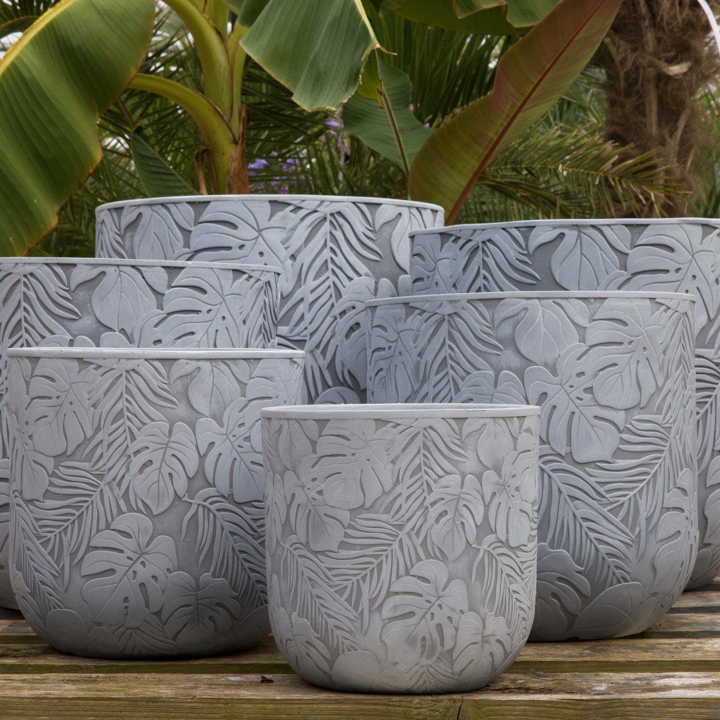 Patterned Tropical Planter - White Grey - Stonelite / Fibreclay