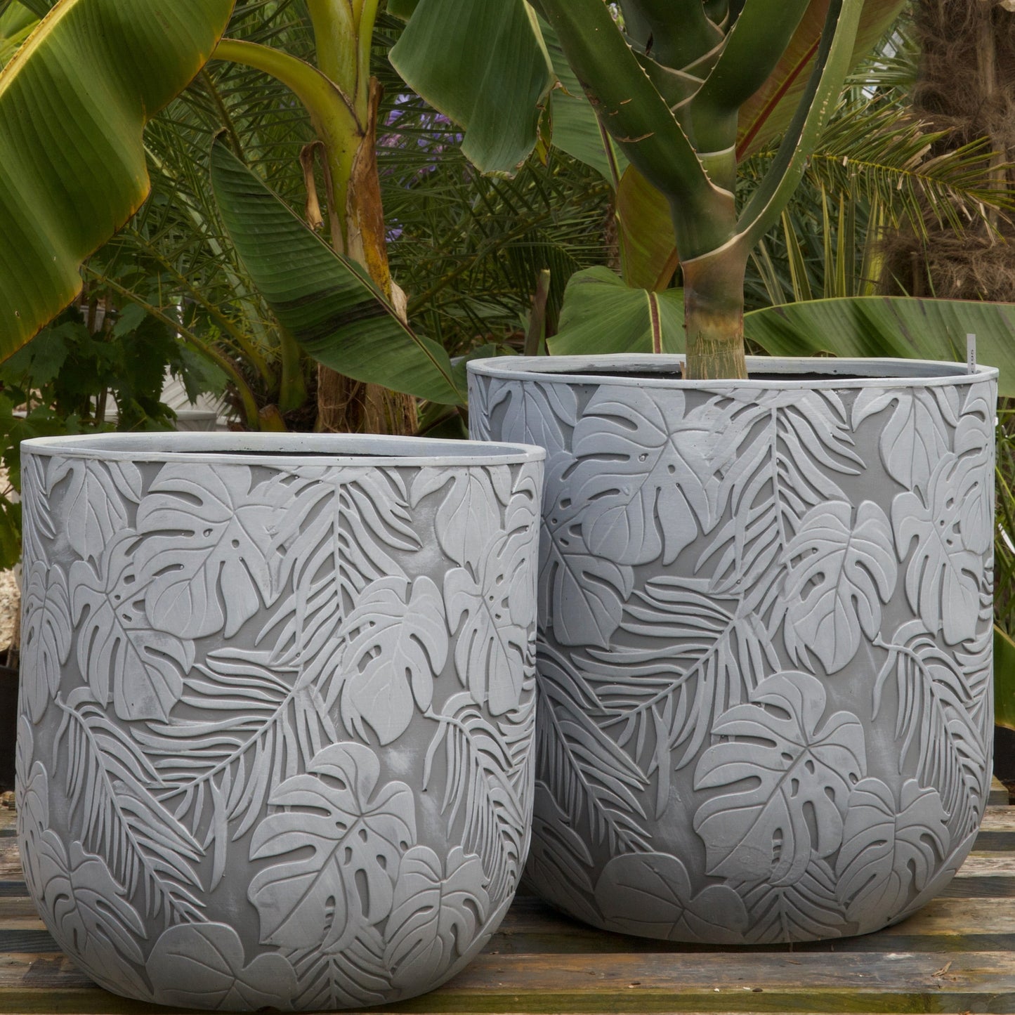 Patterned Tropical Planter - White Grey - Stonelite / Fibreclay