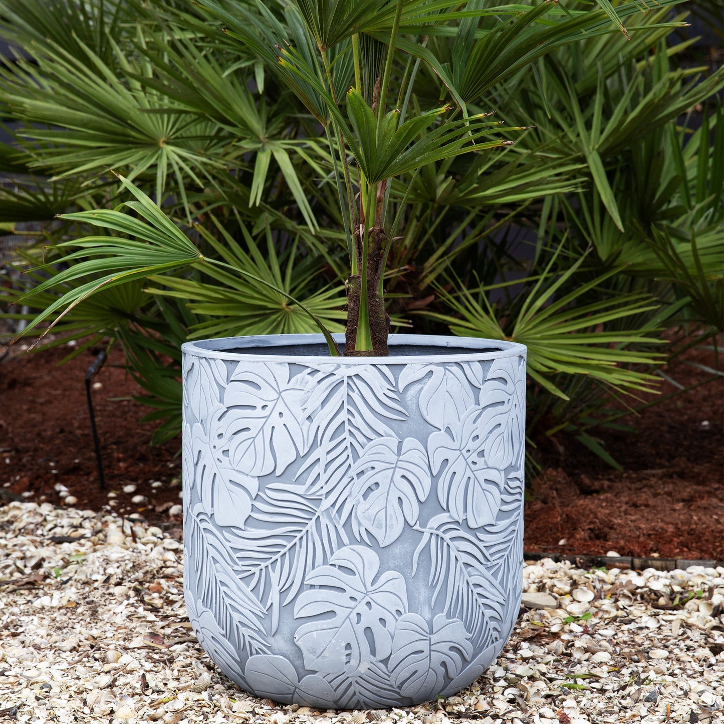 Patterned Tropical Planter - White Grey - Stonelite / Fibreclay