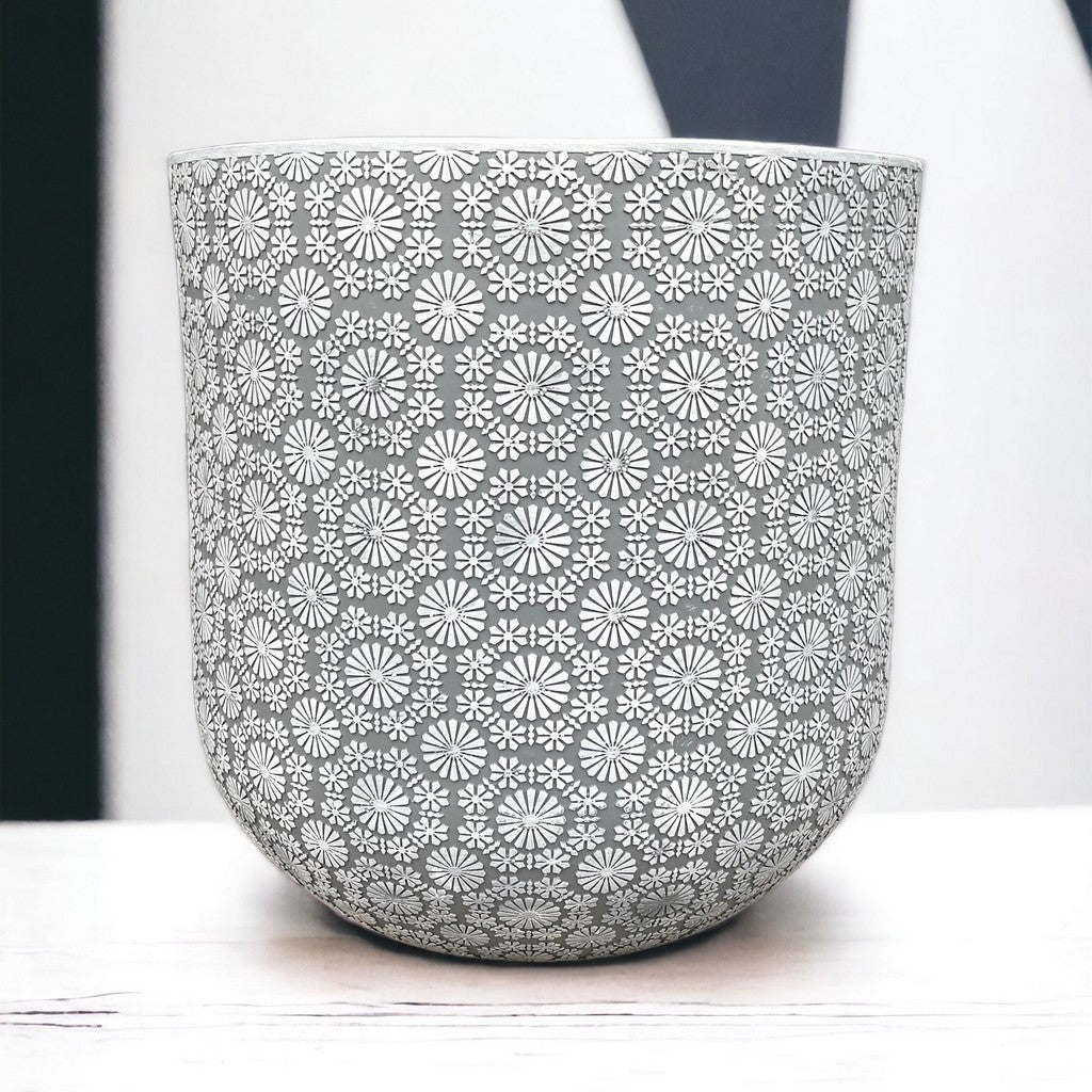 Patterned Flower Planter - White Grey - Stonelite / Fibreclay