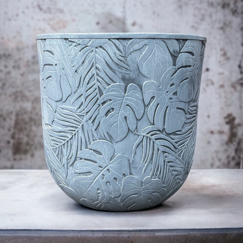 Patterned Tropical Planter - White Grey - Stonelite / Fibreclay