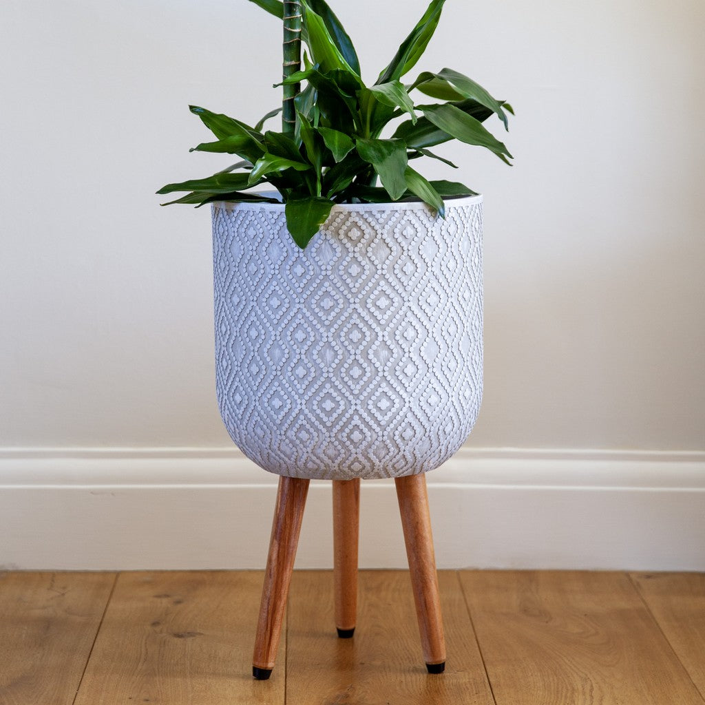 Patterned Diamond Indoor Planter on Legs - White