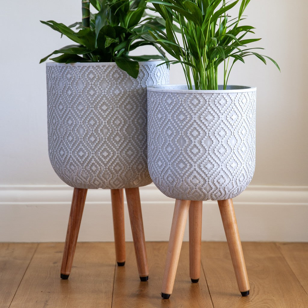 Patterned Diamond Indoor Planter on Legs - White