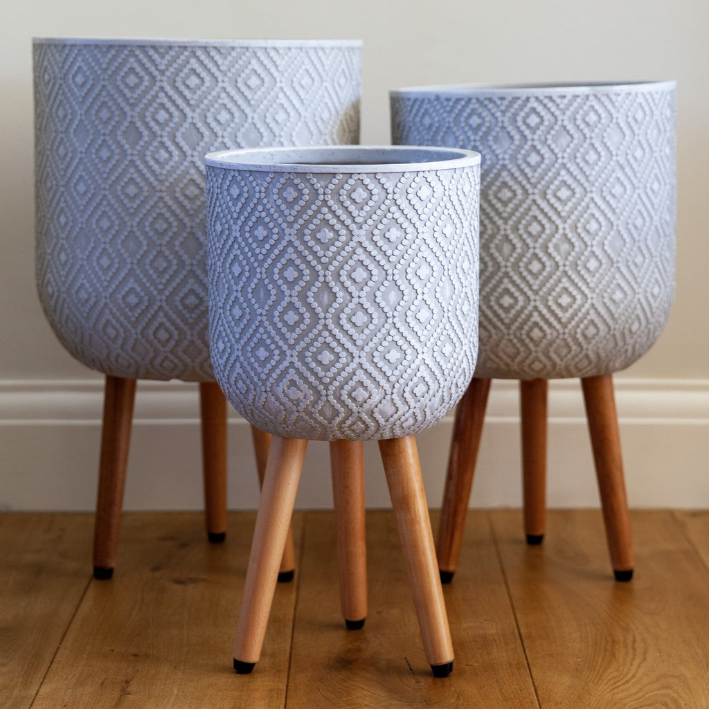 Patterned Diamond Indoor Planter on Legs - White