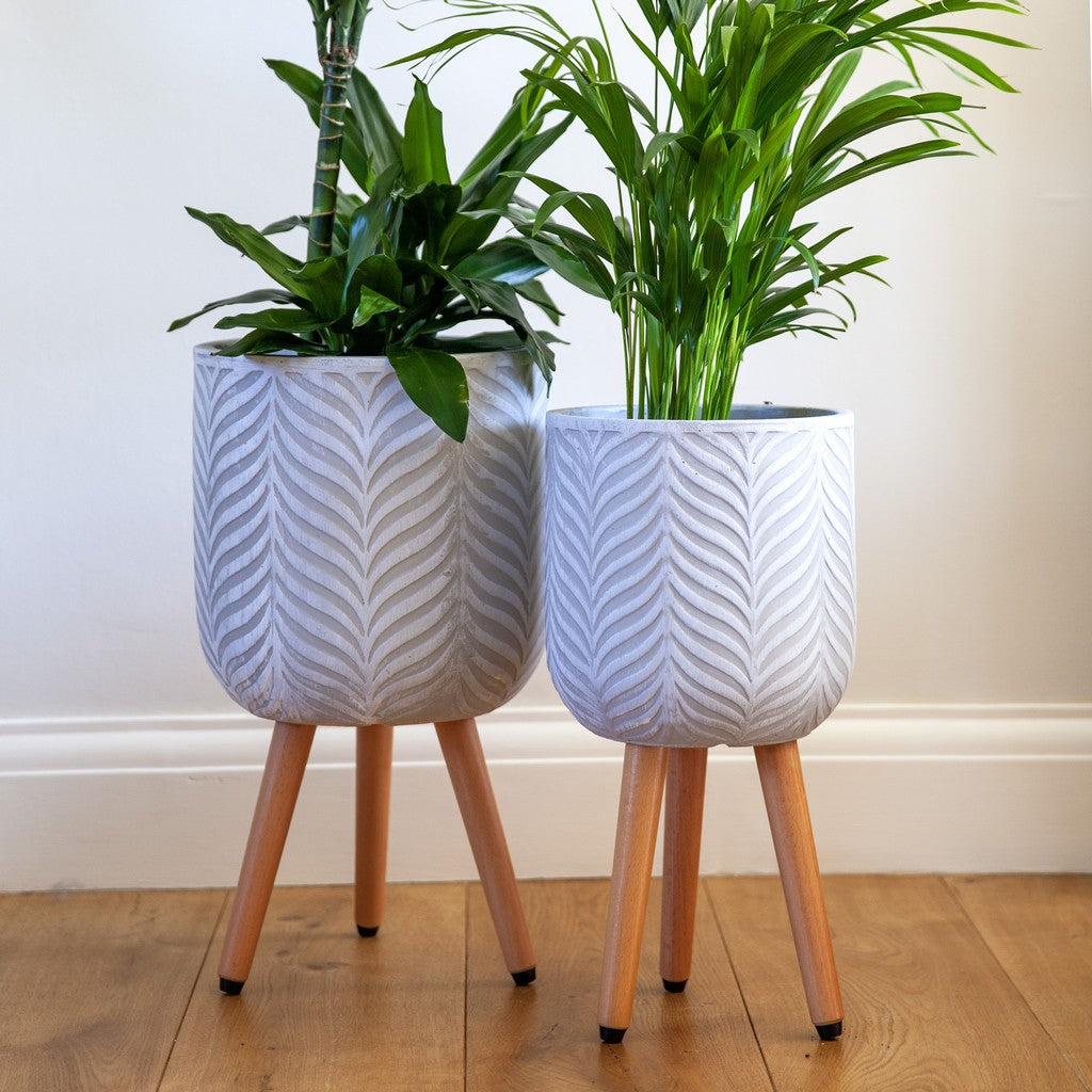 Patterned Fern Indoor Planter on Legs - White