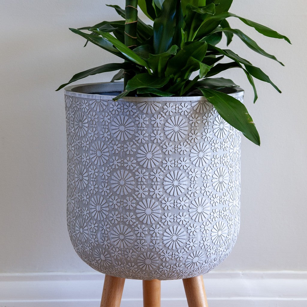 Patterned Flower Indoor Planter on Legs - White