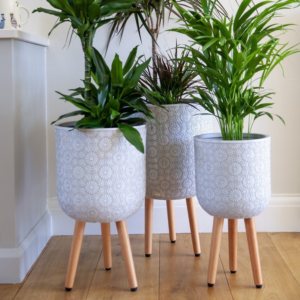 Patterned Flower Indoor Planter on Legs - White