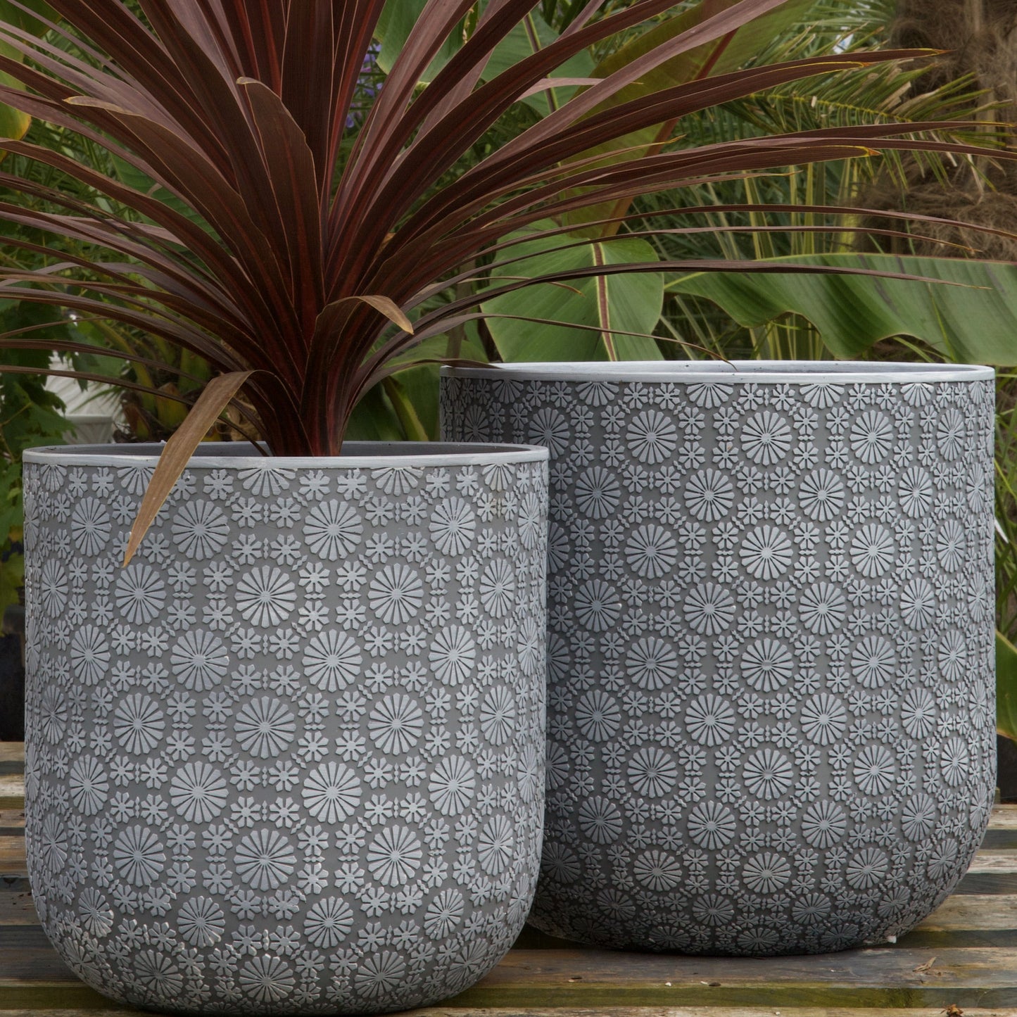 Patterned Flower Planter - White Grey - Stonelite / Fibreclay