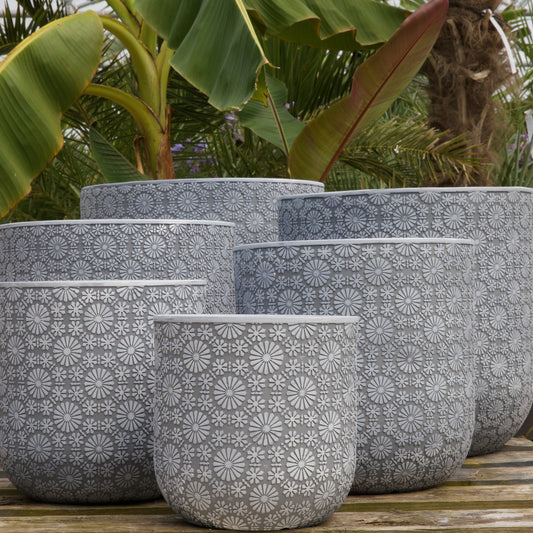 Patterned Flower Planter - White Grey - Stonelite / Fibreclay